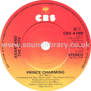 Adam And The Ants Prince Charming UK Issue G/F Sleeve 7" Label Image