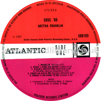 Aretha Franklin Soul '69 UK Issue LP Atlantic Label Image