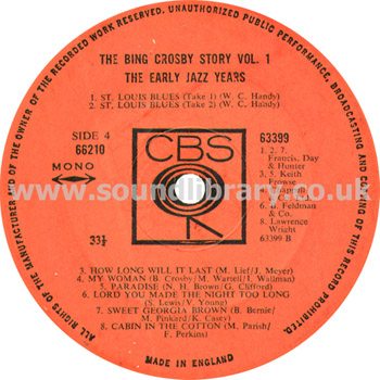 Bing Crosby The Bing Crosby Story Vol. 1 The Early Jazz Years UK Issue 2LP CBS 66210 Label Image