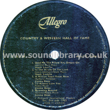 Country & Western Hall of Fame Hank Locklin Jimmy Dean Patsy Cline UK LP ALL 772 Label Image