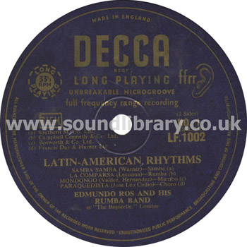 Edmundo Ros and His Rumba Band Latin-American Rhythms UK Issue 10" LP Decca LF 1002 Label Image Side 1