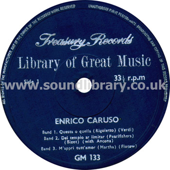 Enrico Caruso Verdi, Bizet, Flotow, Donizetti Treasury Records GM133 UK Issue 7" EP Label Image