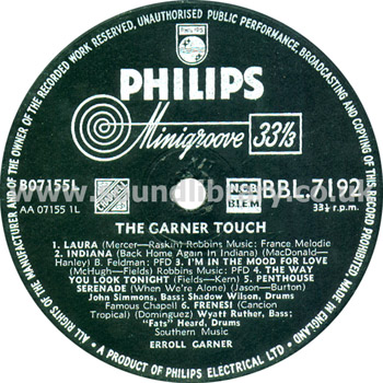 Erroll Garner That Garner Touch UK Issue LP Philips BBL 7192 Label Image