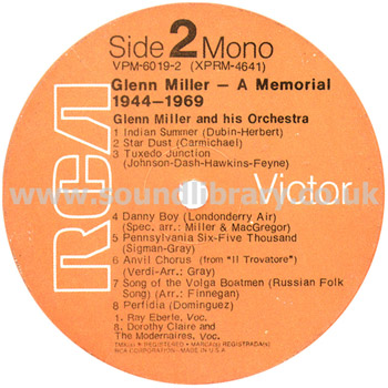 Glenn Miller and His Orchestra A Memorial 1944 - 1969 USA 2LP RCA Victor VPM6019 Label Image