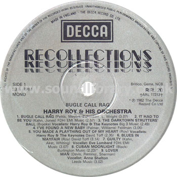 Harry Roy & His Orchestra Bugle Call Rag UK Mono LP Decca Recollections RFL 20 Label Image