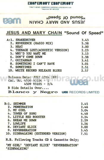 The Jesus And Mary Chain Sound Of Speed UK Promotional MC Blanco Y Negro 4509 93105-4 Front Inlay Card