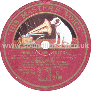 Dr. Malcolm Sargent  New Symphony Orchestra Merrie England UK 12" 78rpm HMV C 2196 Label Image 1