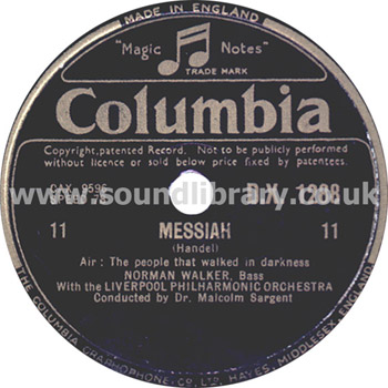 Dr. Malcolm Sargent Handel Messiah UK Issue 12" 78rpm Columbia D.X. 1288 Label Image