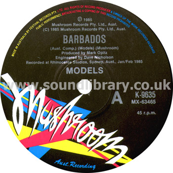 Models Barbados Australia Issue 7" Mushroom Records K-9635 Label Image