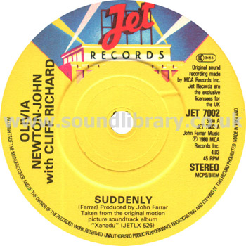 Olivia Newton John with Cliff Richard Suddenly UK Issue Stereo 7" Jet JET 7002 Label Image