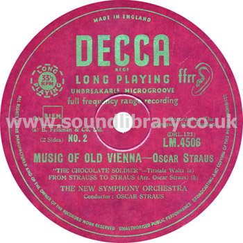 Oscar Straus The New Symphony Orchestra  Music of Old Vienna UK 10" LP Decca LM 4506 Label Image Side 1