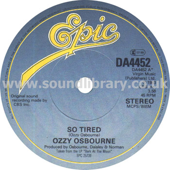 Ozzy Osbourne So Tired UK Issue Stereo 7" Label Image
