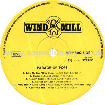 Parade of Pops Volume 2 UK Issue Stereo LP Windmill WPP 5002 Label Image Side 1