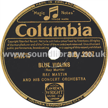 Ray Martin and His Concert Orchestra Blue Violins UK 10" 78 RPM Columbia D.B. 2927 Label Image