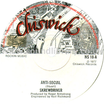 SKREWDRIVER Anti-Social UK Issue 7" Label Image