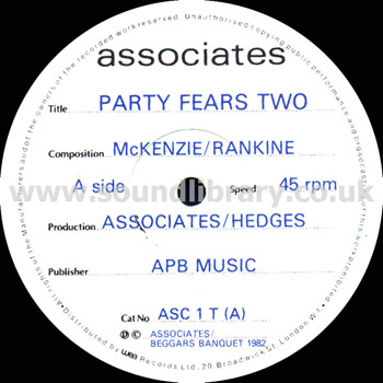 The Associates Party Fears Two UK Issue 12" Beggars Banquet ASC 1 T Label Image