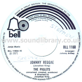 The Piglets Johnny Reggae UK Issue 7" Bell BLL1180 Label Image Side 1