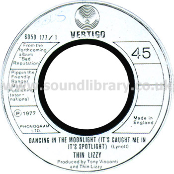 Thin Lizzy Dancing In The Moonlight UK Issue 7" Vertigo 6059177 Label Image