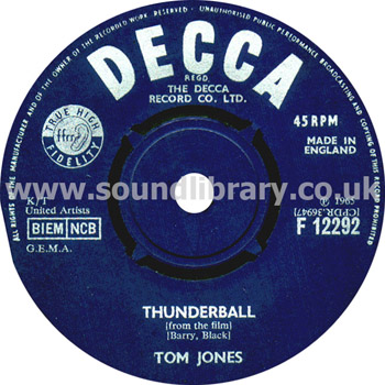 Tom Jones Thunderball UK Issue Spindle Centre 7" Decca F12292 Label Image