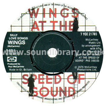 Wings Silly Love Songs UK Issue Stereo 7" Parlophone R6014 Label Image