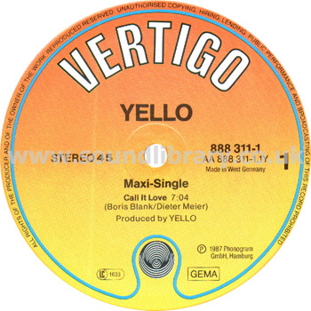 Yello Call It Love West Germany Issue Stereo 12" Vertigo 888 311-1 Label Image